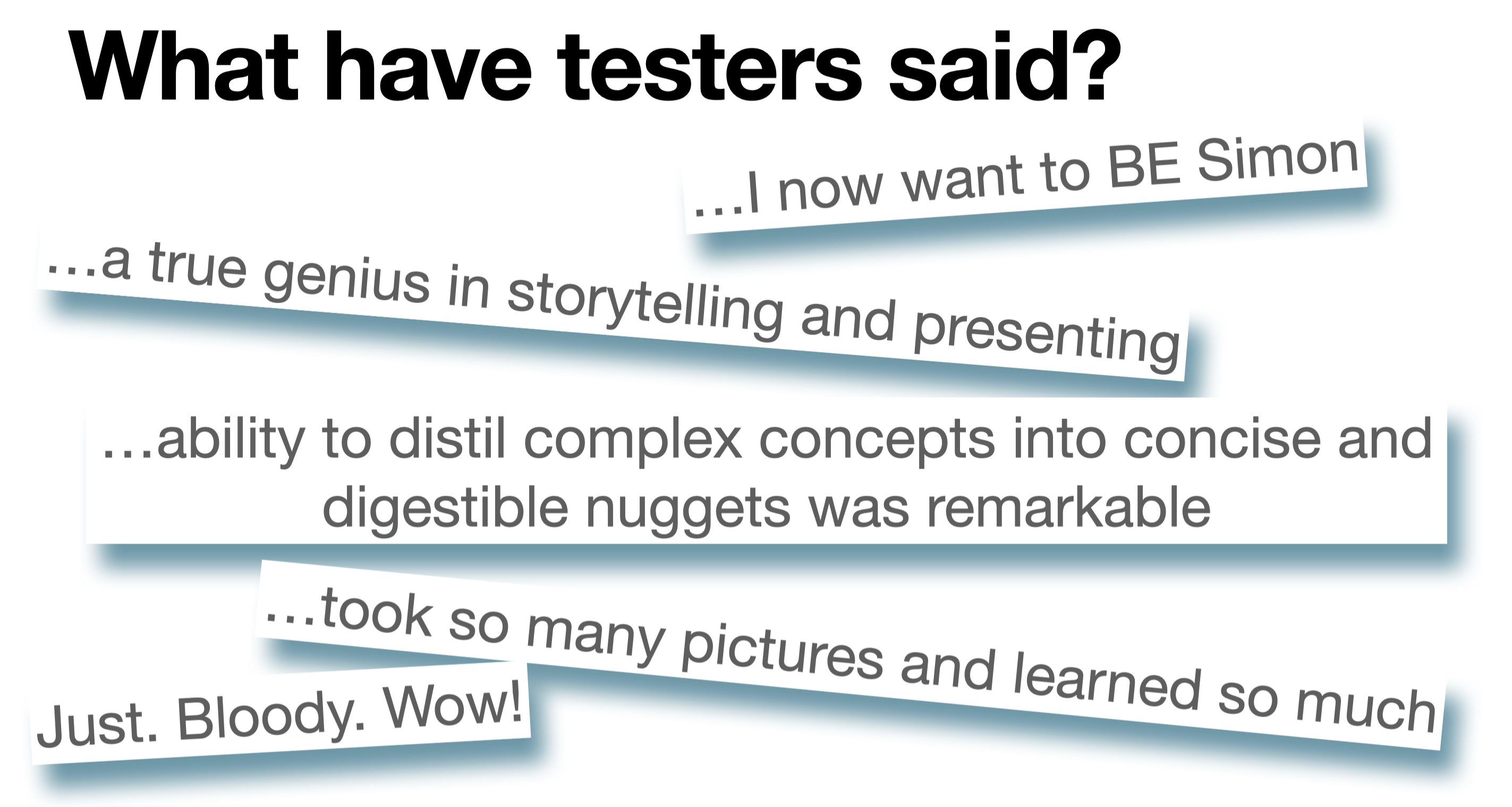 Collage of tester feedback quotes praising StoryMaking, including 'a true genius in storytelling and presenting', from Far North's MicroBusinessUnit conference